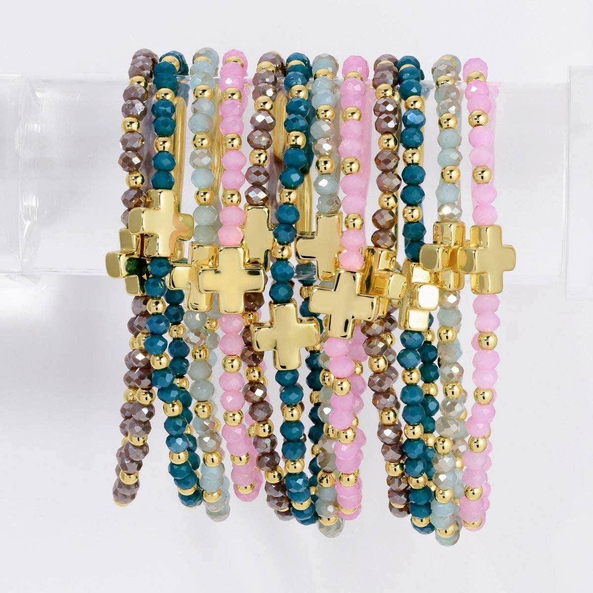 Assorted 4mm Crystal Stretch Bracelets with Single Cross